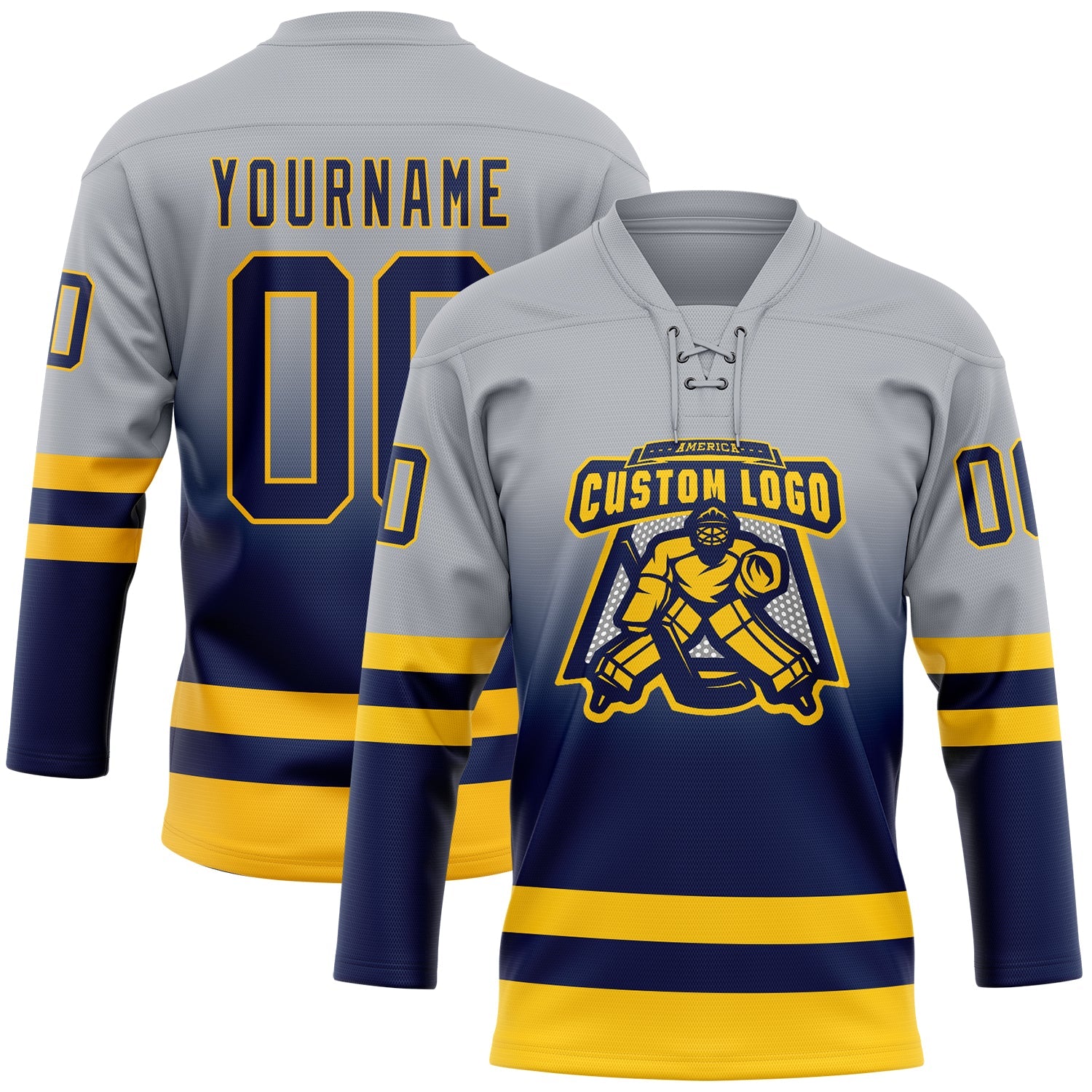 Custom Gray Navy-Gold Fade Fashion Hockey Lace Neck Jersey view 2