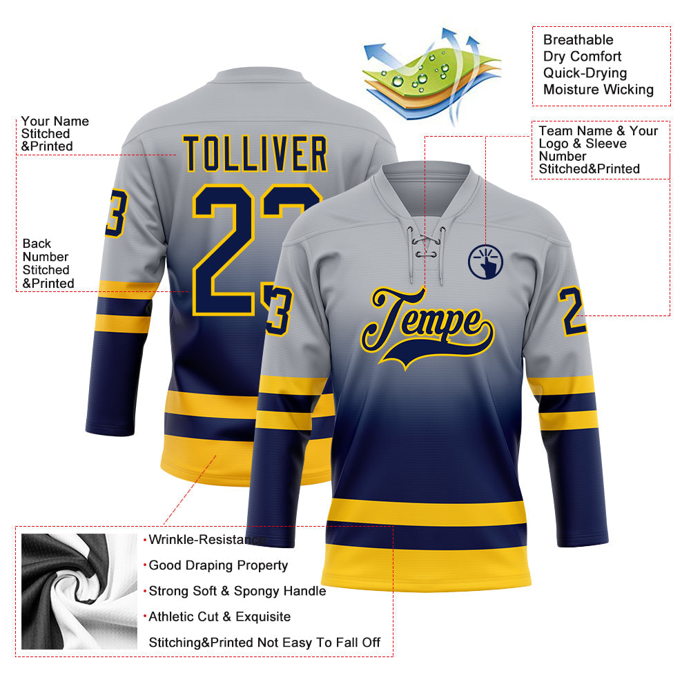 Custom Gray Navy-Gold Fade Fashion Hockey Lace Neck Jersey view 5
