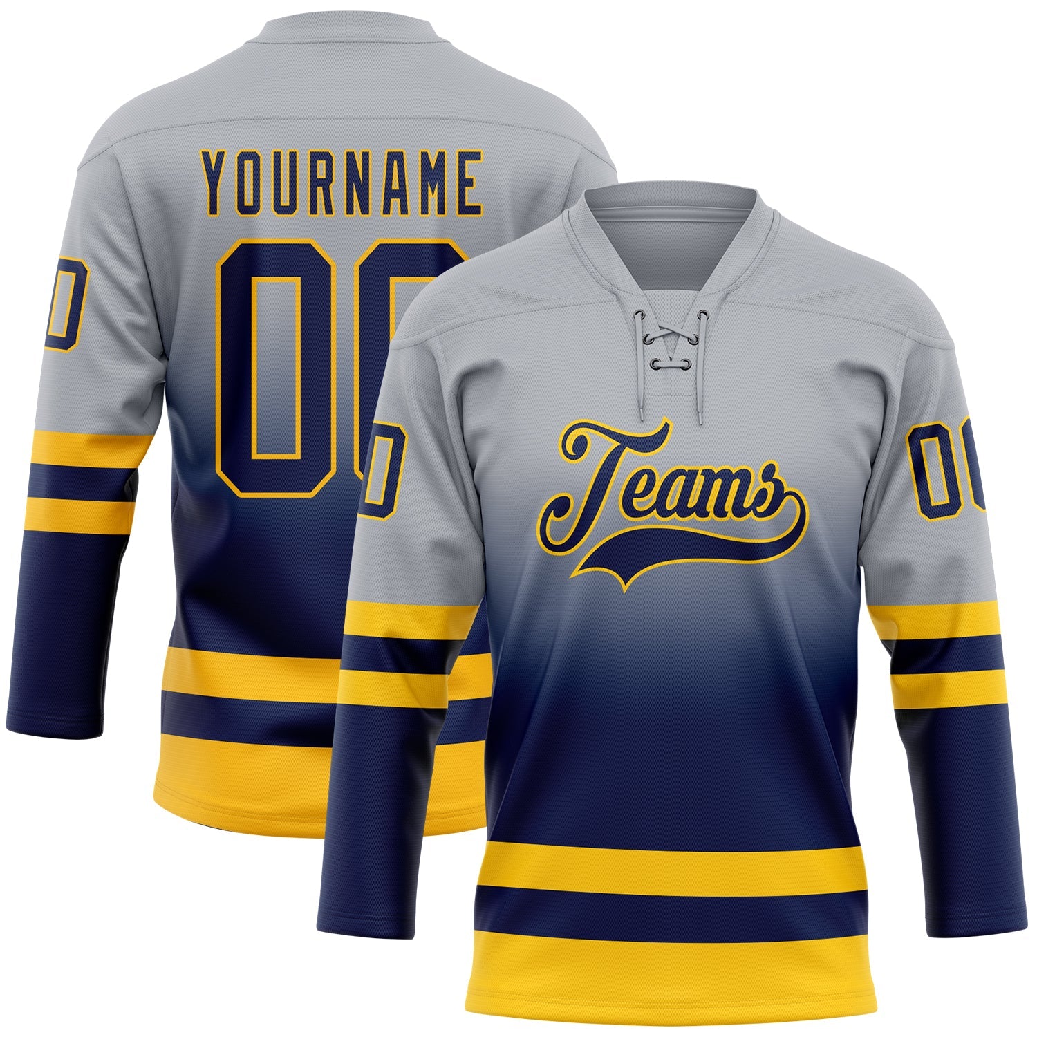 Custom Gray Navy-Gold Fade Fashion Hockey Lace Neck Jersey - Main View