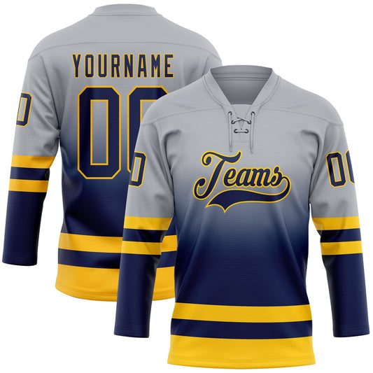 Custom Gray Navy-Gold Fade Fashion Hockey Lace Neck Jersey - Main View