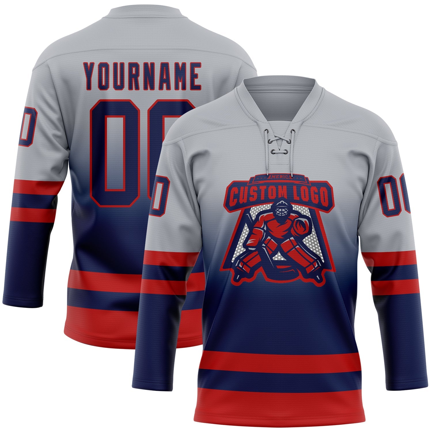 Custom Gray Navy-Red Fade Fashion Hockey Lace Neck Jersey view 2