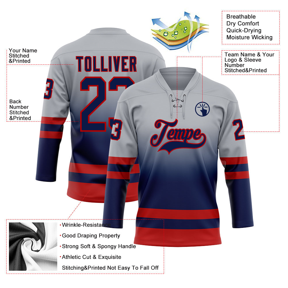 Custom Gray Navy-Red Fade Fashion Hockey Lace Neck Jersey view 5