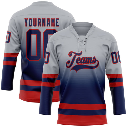 Custom Gray Navy-Red Fade Fashion Hockey Lace Neck Jersey - Main View