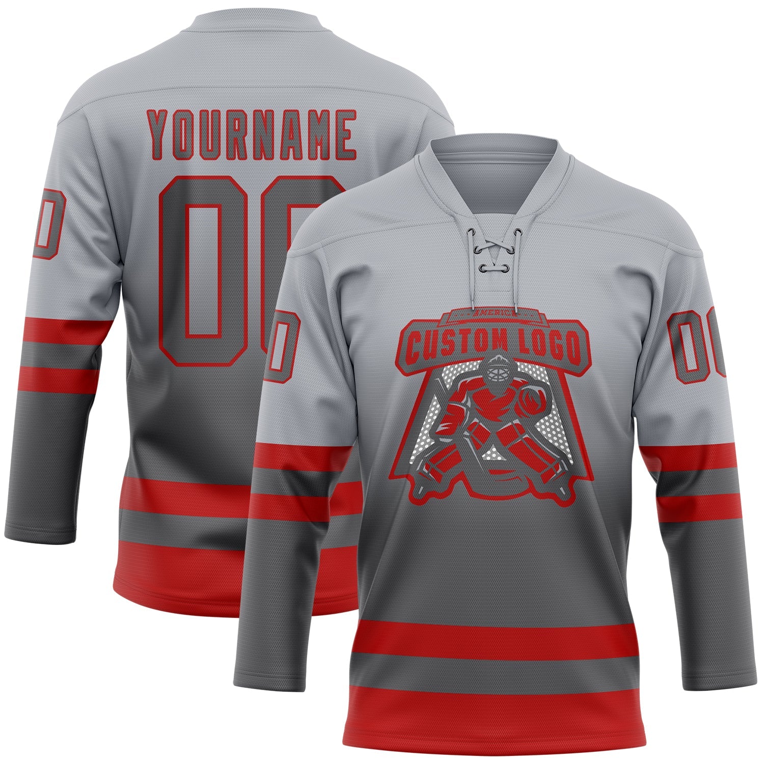 Custom Gray Steel Gray-Red Fade Fashion Hockey Lace Neck Jersey view 2