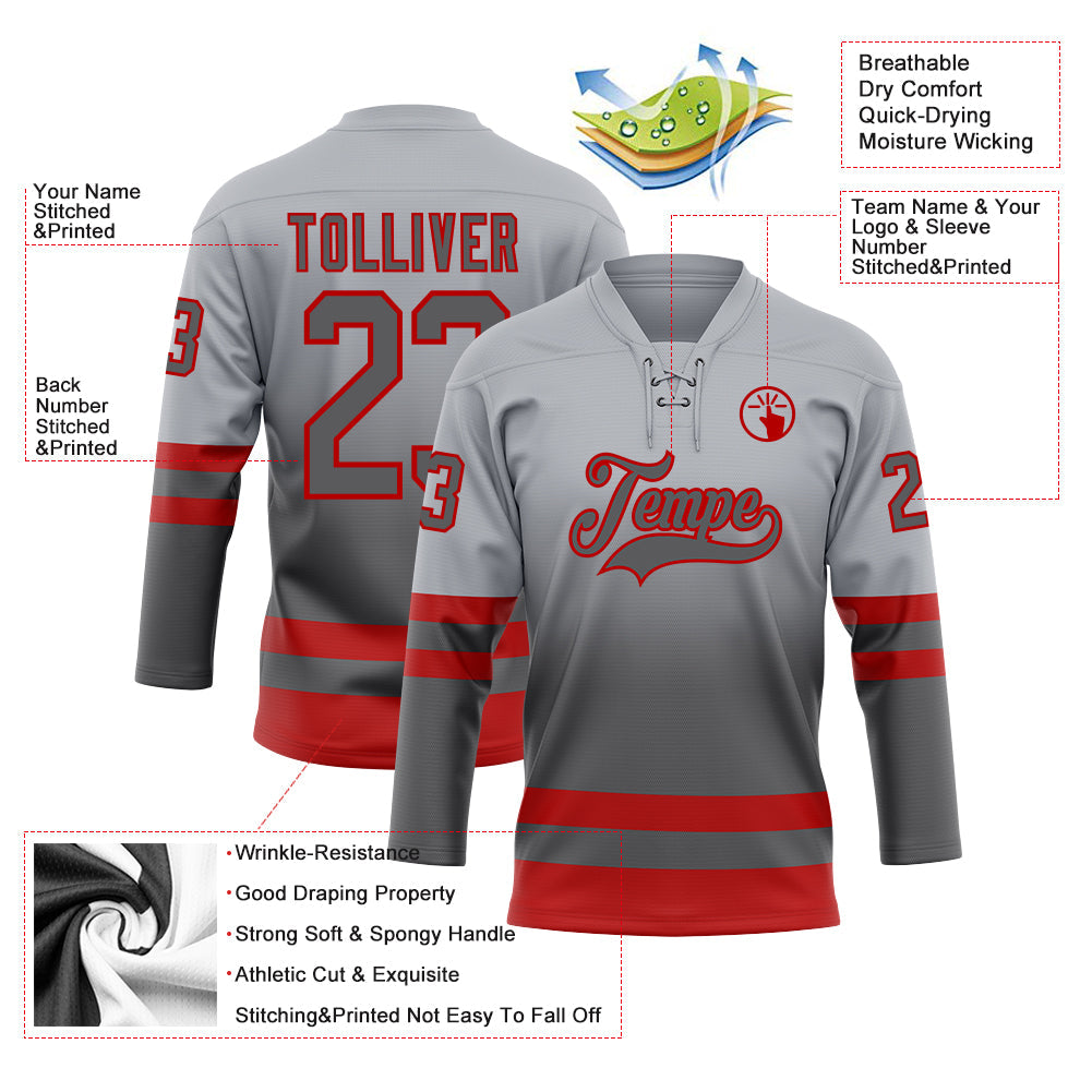 Custom Gray Steel Gray-Red Fade Fashion Hockey Lace Neck Jersey view 5
