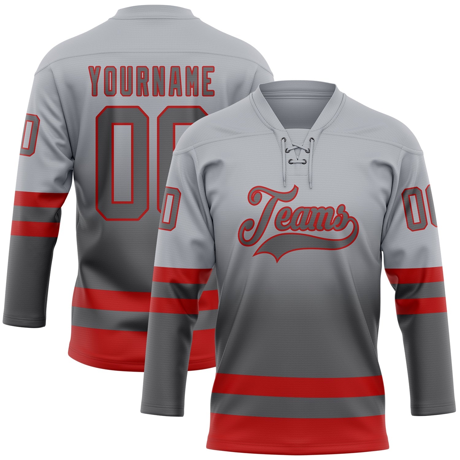 Custom Gray Steel Gray-Red Fade Fashion Hockey Lace Neck Jersey - Main View