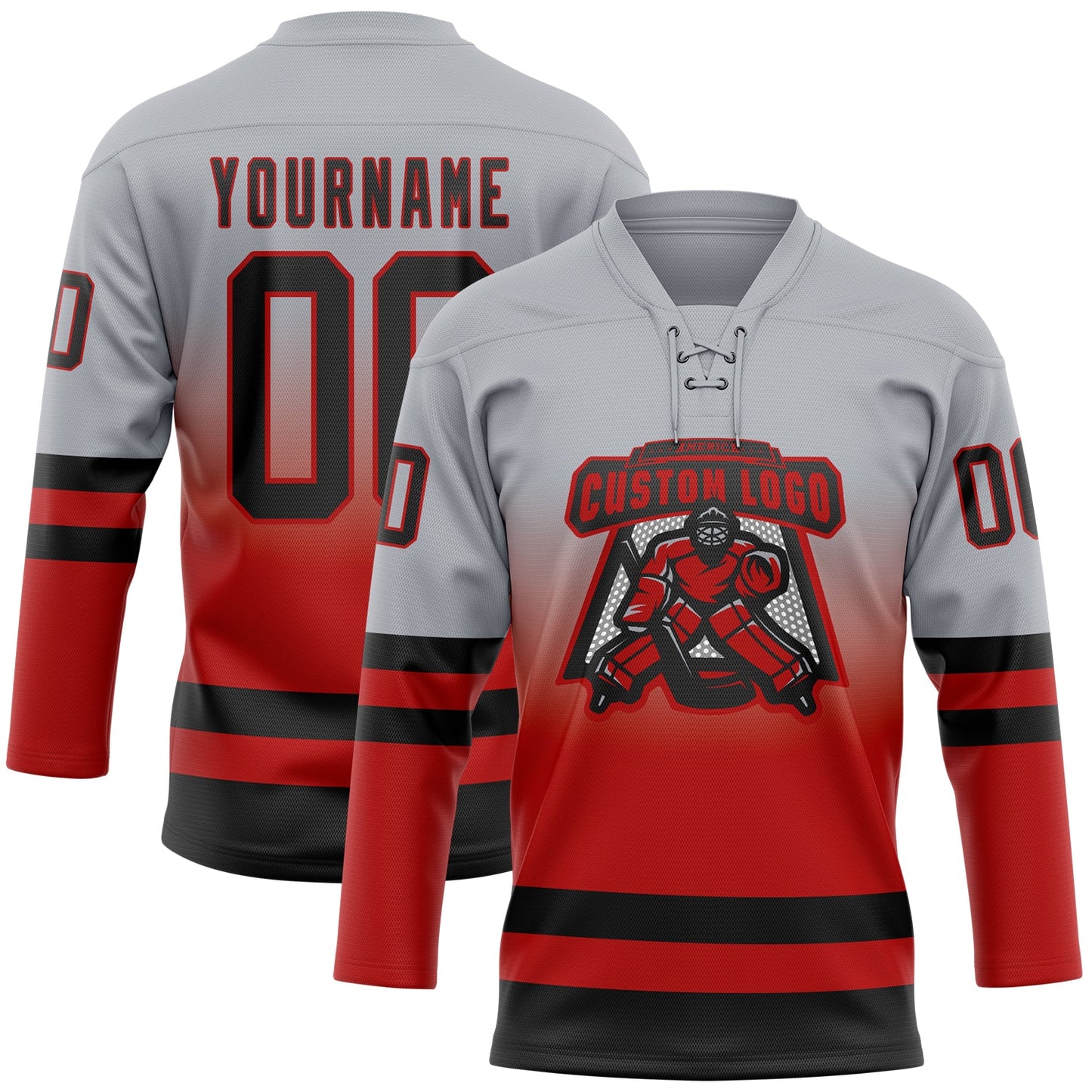 Custom Gray Black-Red Fade Fashion Hockey Lace Neck Jersey view 2