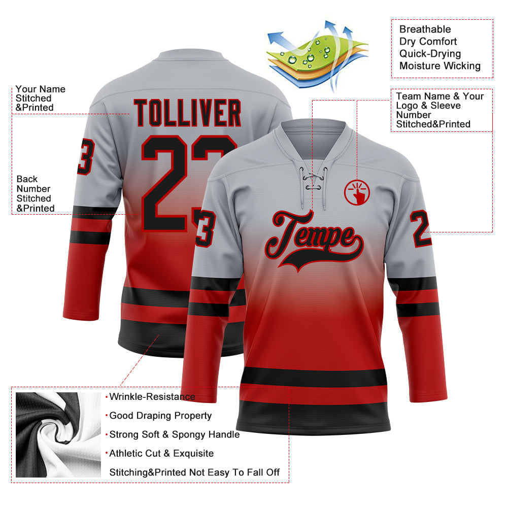 Custom Gray Black-Red Fade Fashion Hockey Lace Neck Jersey view 5