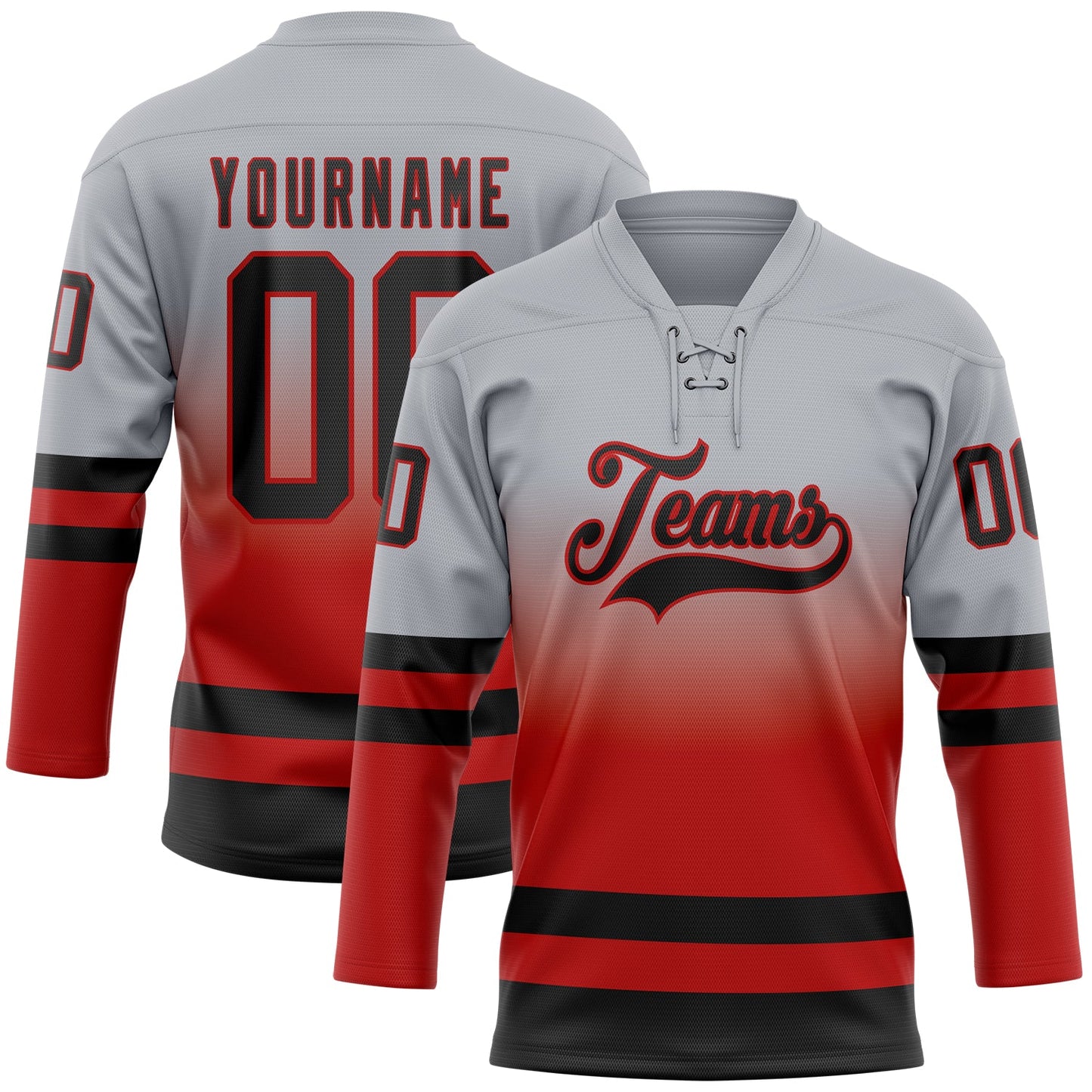 Custom Gray Black-Red Fade Fashion Hockey Lace Neck Jersey - Main View
