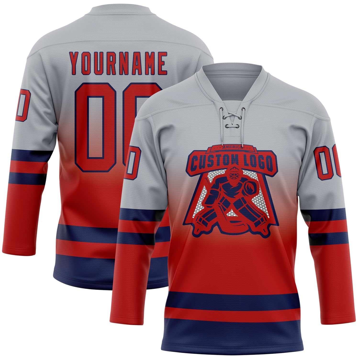 Custom Gray Red-Navy Fade Fashion Hockey Lace Neck Jersey view 2