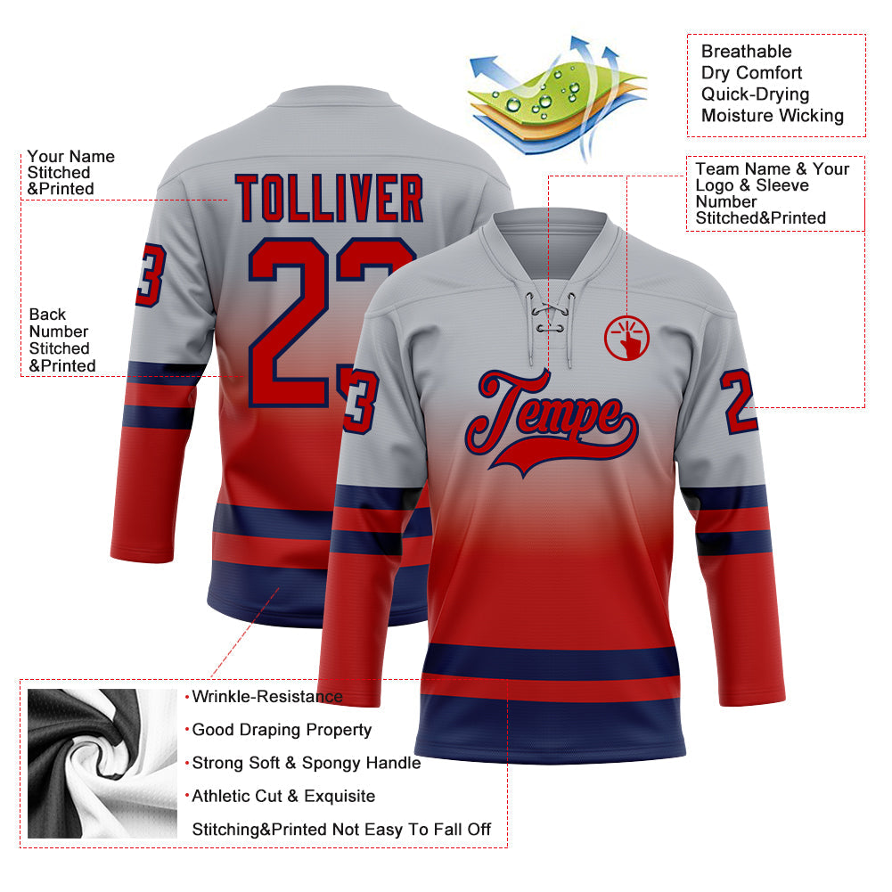 Custom Gray Red-Navy Fade Fashion Hockey Lace Neck Jersey view 5