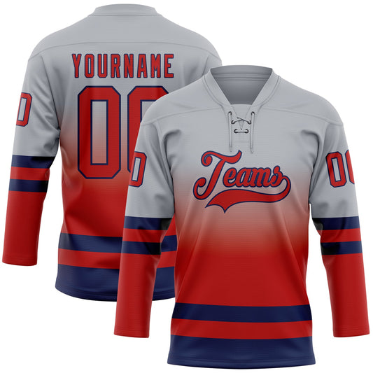 Custom Gray Red-Navy Fade Fashion Hockey Lace Neck Jersey - Main View