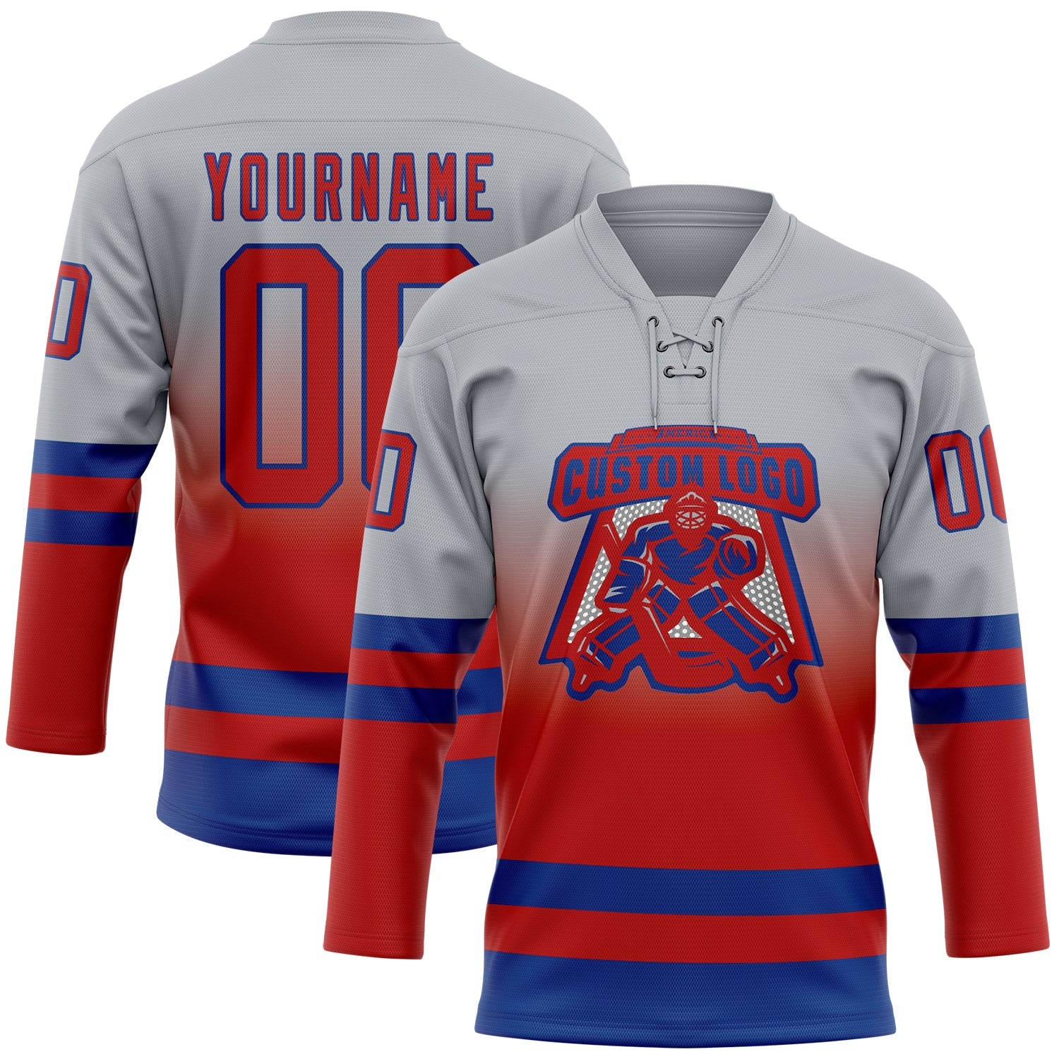 Custom Gray Red-Royal Fade Fashion Hockey Lace Neck Jersey view 2