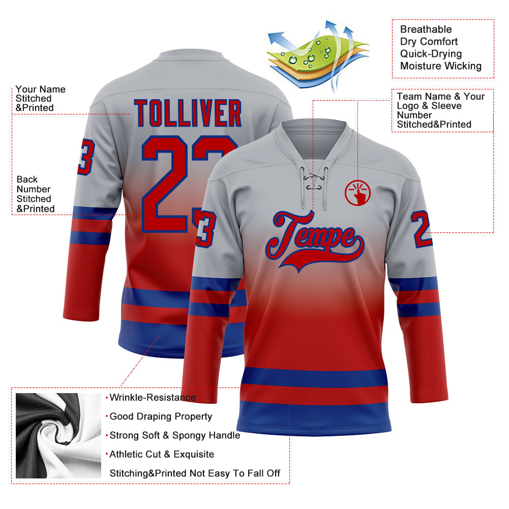 Custom Gray Red-Royal Fade Fashion Hockey Lace Neck Jersey view 5
