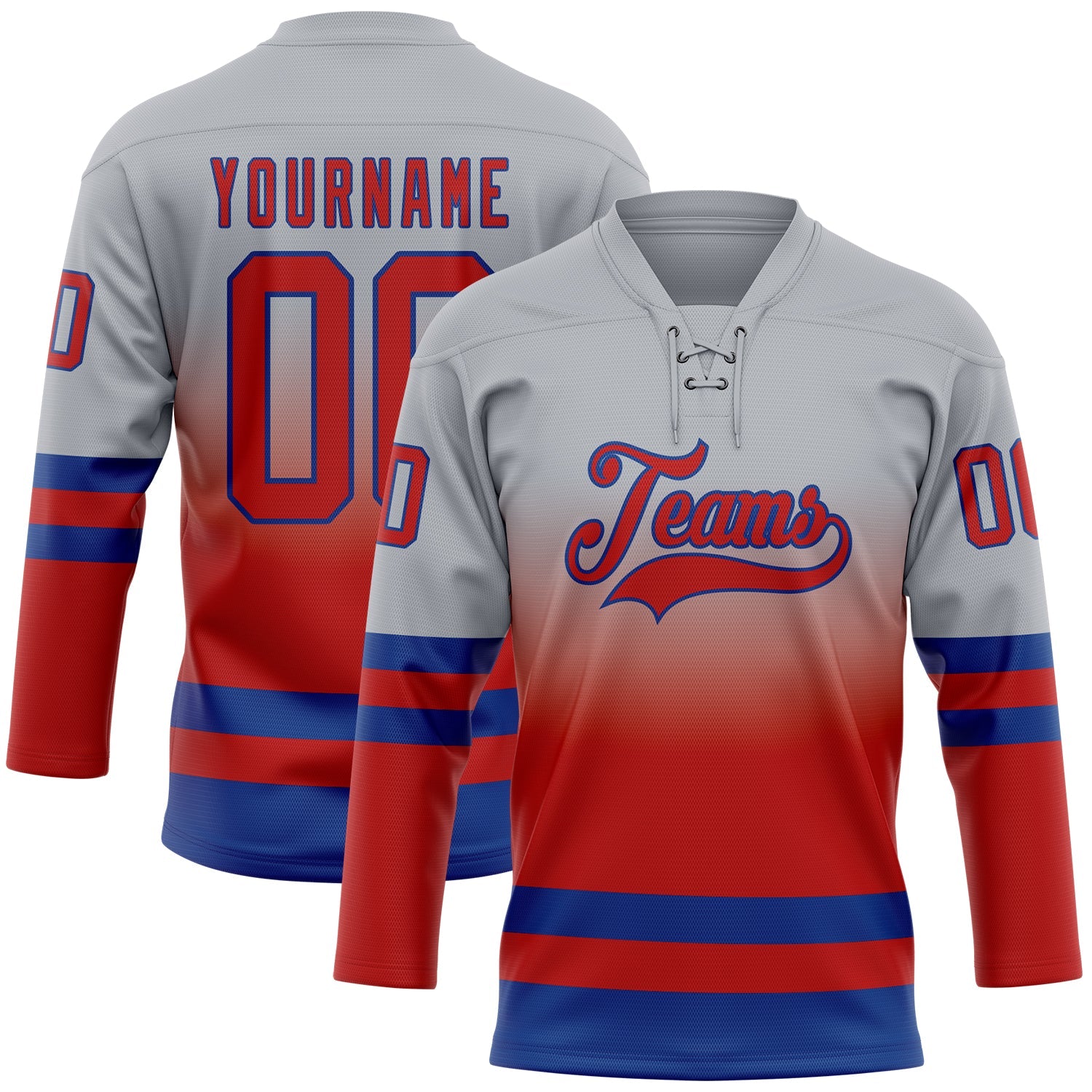 Custom Gray Red-Royal Fade Fashion Hockey Lace Neck Jersey - Main View