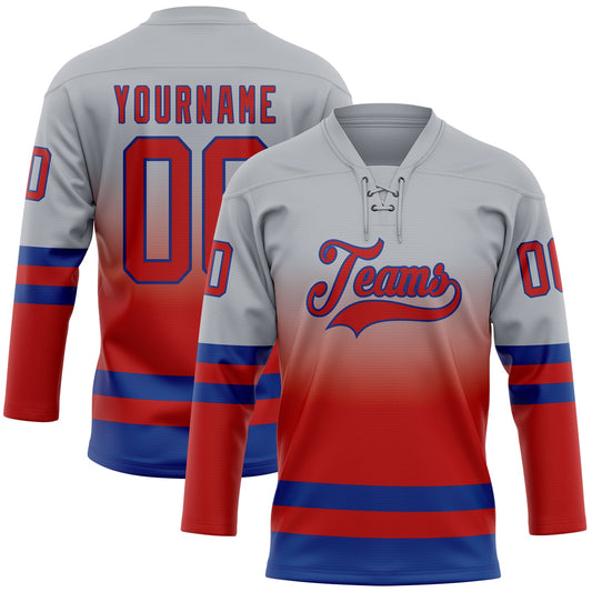 Custom Gray Red-Royal Fade Fashion Hockey Lace Neck Jersey - Main View