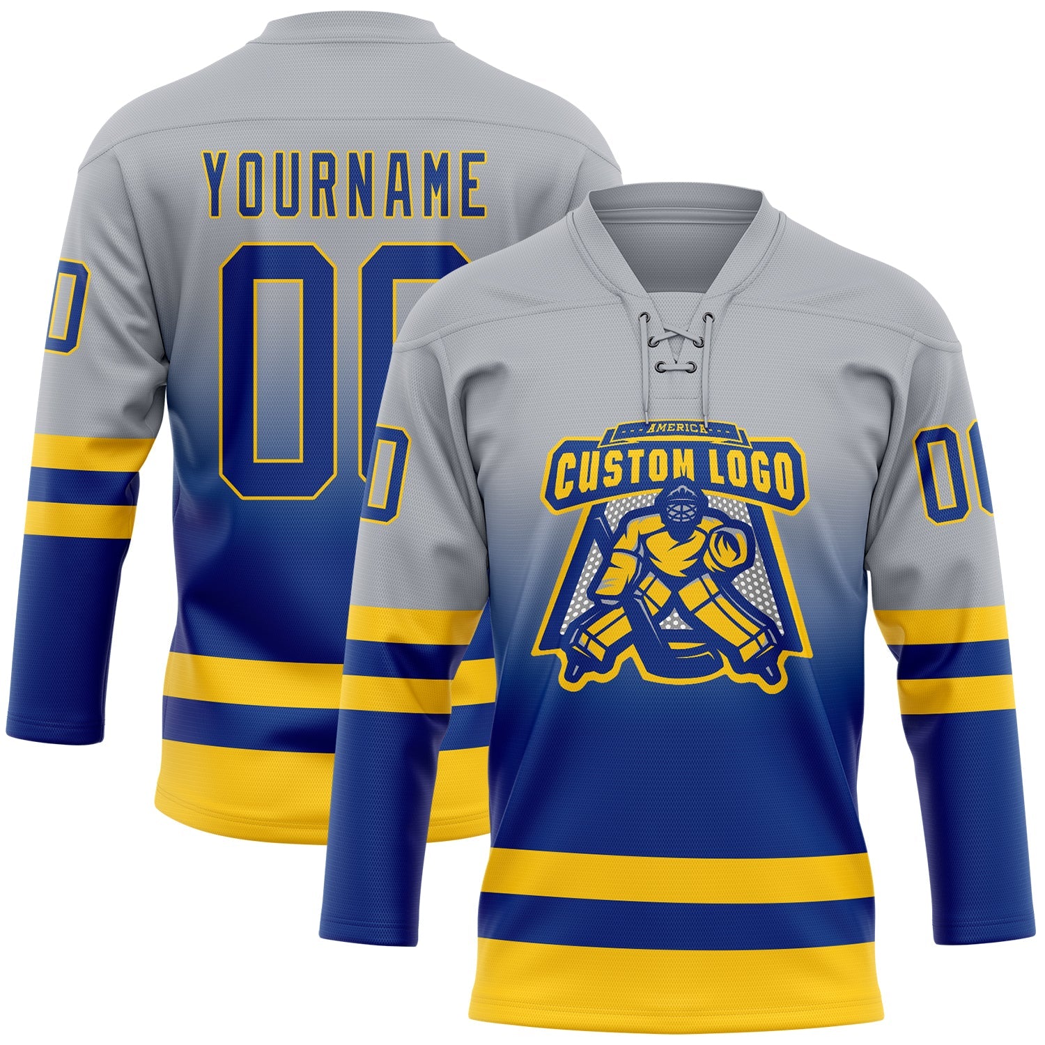 Custom Gray Royal-Yellow Fade Fashion Hockey Lace Neck Jersey view 2