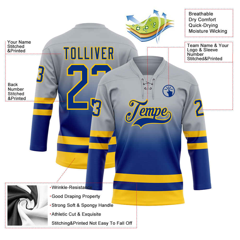 Custom Gray Royal-Yellow Fade Fashion Hockey Lace Neck Jersey view 5
