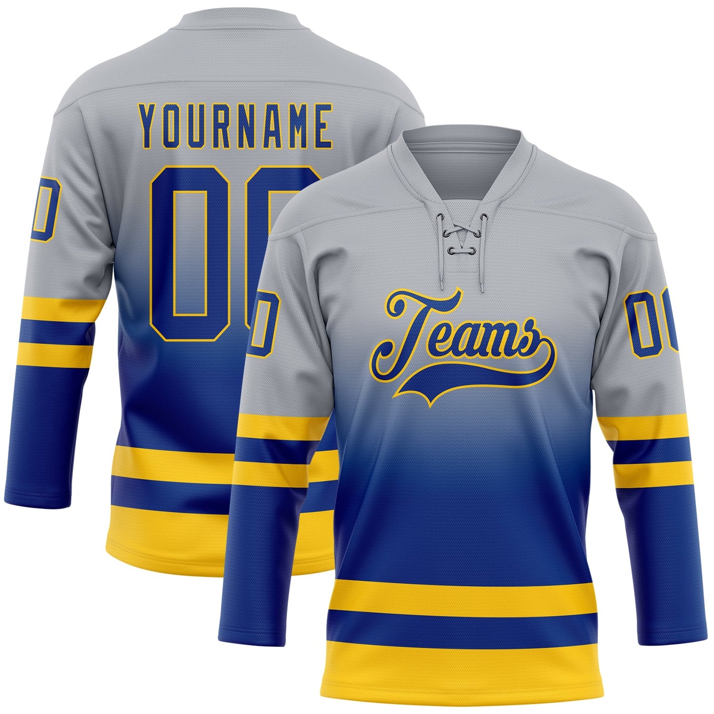 Custom Gray Royal-Yellow Fade Fashion Hockey Lace Neck Jersey - Main View