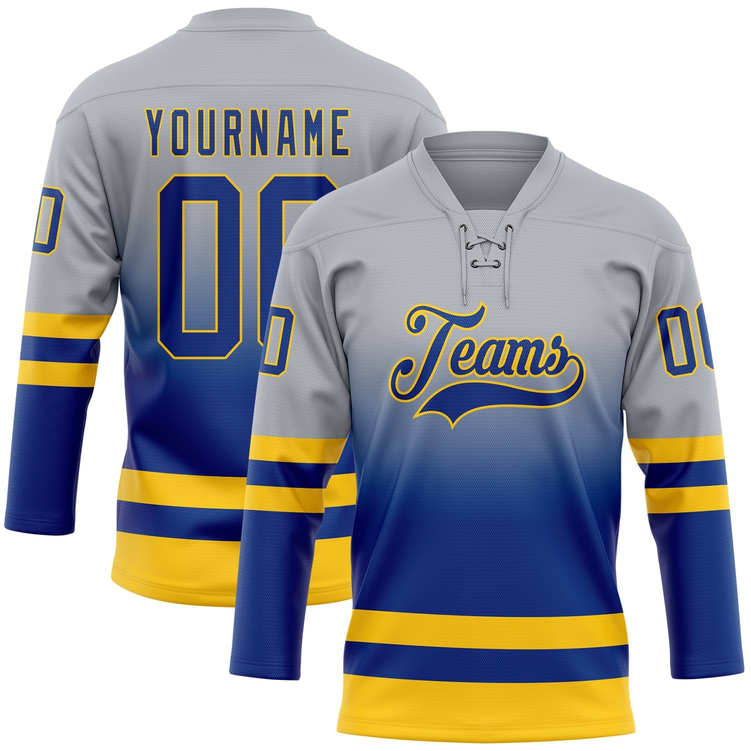 Custom Gray Royal-Yellow Fade Fashion Hockey Lace Neck Jersey - Main View