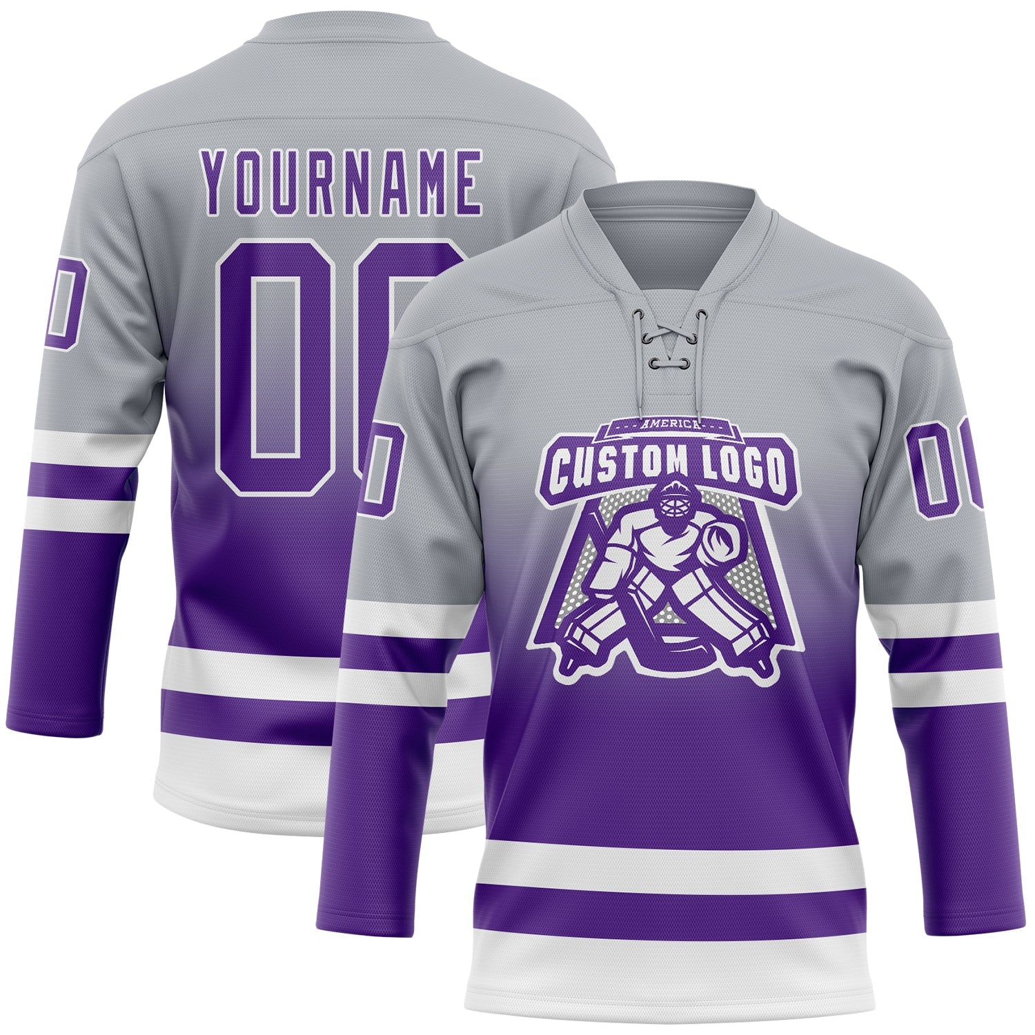 Custom Gray Purple-White Fade Fashion Hockey Lace Neck Jersey view 2