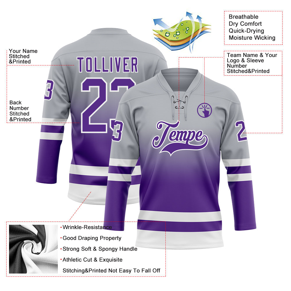 Custom Gray Purple-White Fade Fashion Hockey Lace Neck Jersey view 5