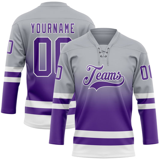 Custom Gray Purple-White Fade Fashion Hockey Lace Neck Jersey - Main View