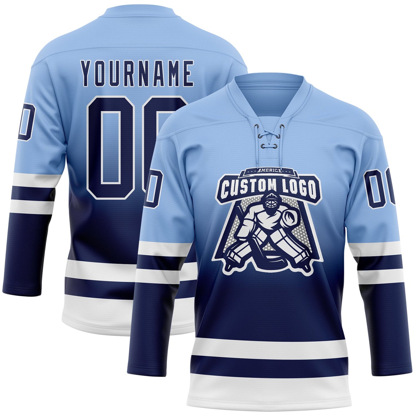 Custom Light Blue Navy-White Fade Fashion Hockey Lace Neck Jersey view 2