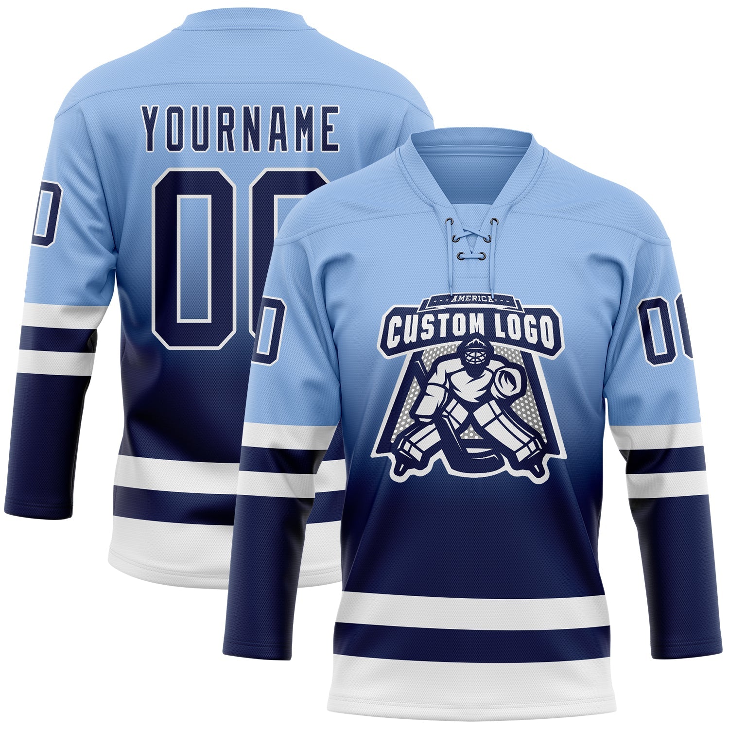 Custom Light Blue Navy-White Fade Fashion Hockey Lace Neck Jersey view 2