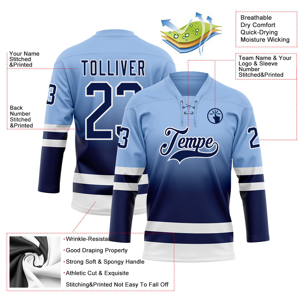 Custom Light Blue Navy-White Fade Fashion Hockey Lace Neck Jersey view 5