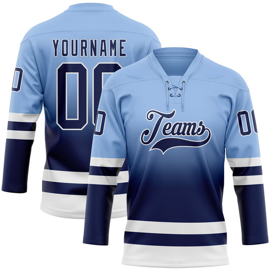 Custom Light Blue Navy-White Fade Fashion Hockey Lace Neck Jersey - Main View