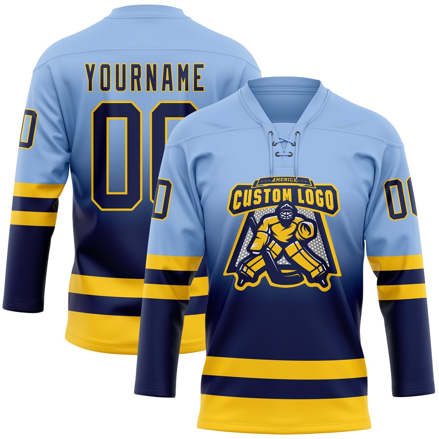 Custom Light Blue Navy-Yellow Fade Fashion Hockey Lace Neck Jersey view 2