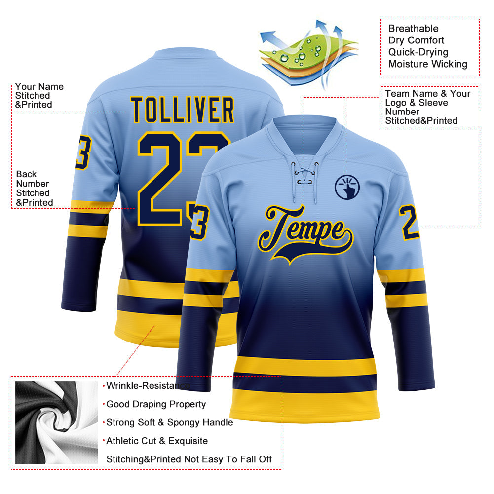 Custom Light Blue Navy-Yellow Fade Fashion Hockey Lace Neck Jersey view 5