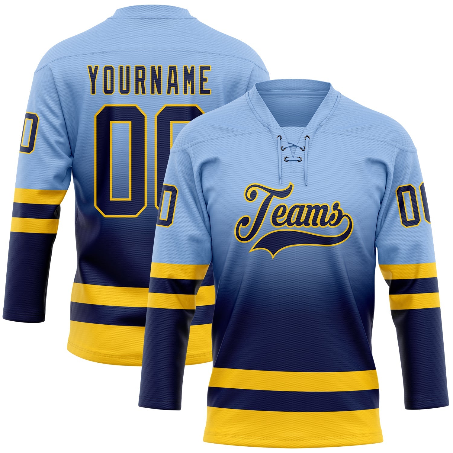 Custom Light Blue Navy-Yellow Fade Fashion Hockey Lace Neck Jersey - Main View