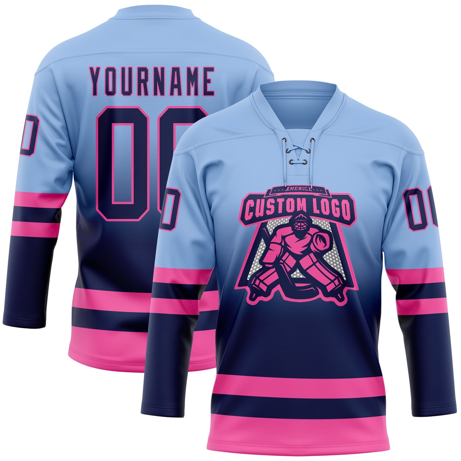 Custom Light Blue Navy-Pink Fade Fashion Hockey Lace Neck Jersey view 2