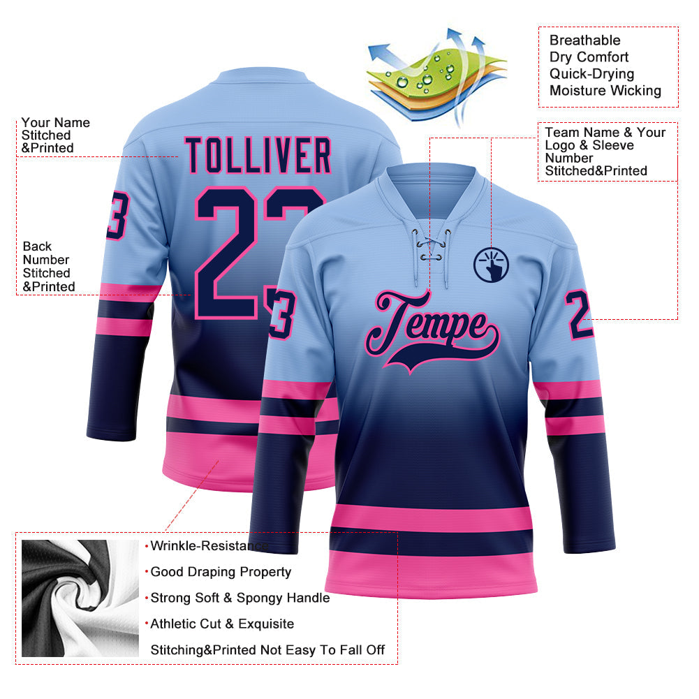 Custom Light Blue Navy-Pink Fade Fashion Hockey Lace Neck Jersey view 5