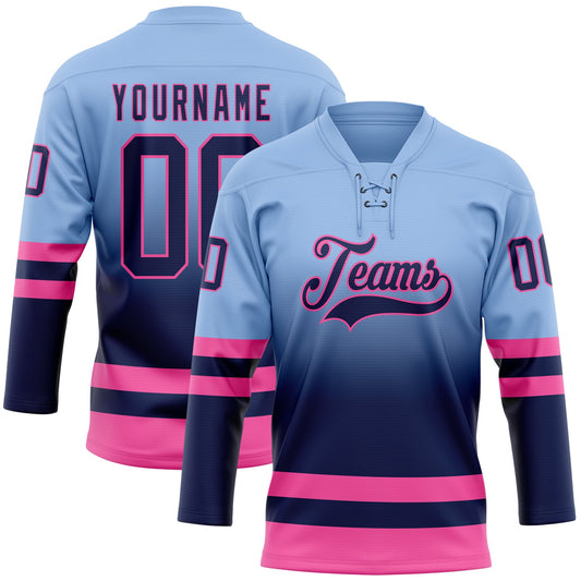 Custom Light Blue Navy-Pink Fade Fashion Hockey Lace Neck Jersey - Main View