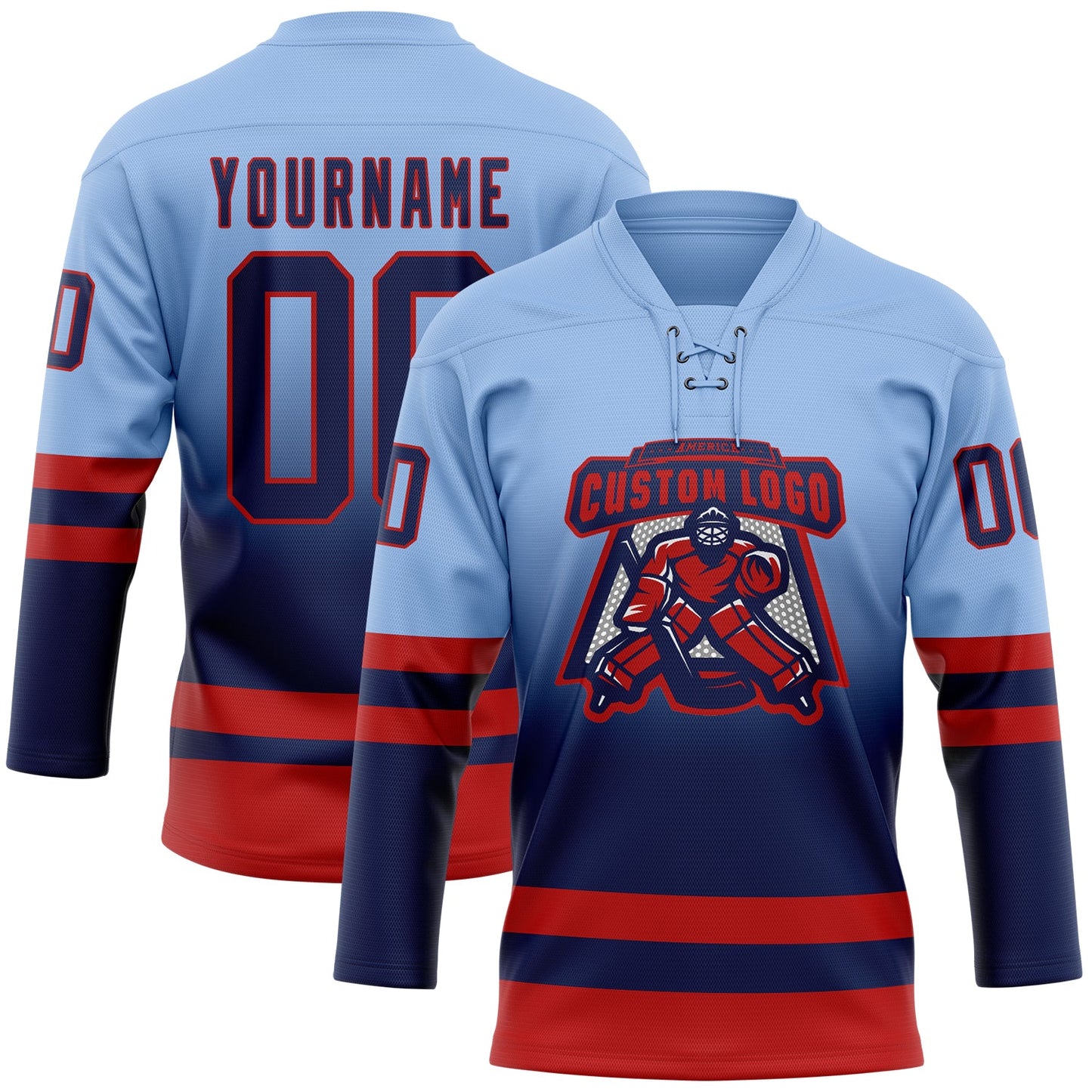 Custom Light Blue Navy-Red Fade Fashion Hockey Lace Neck Jersey view 2