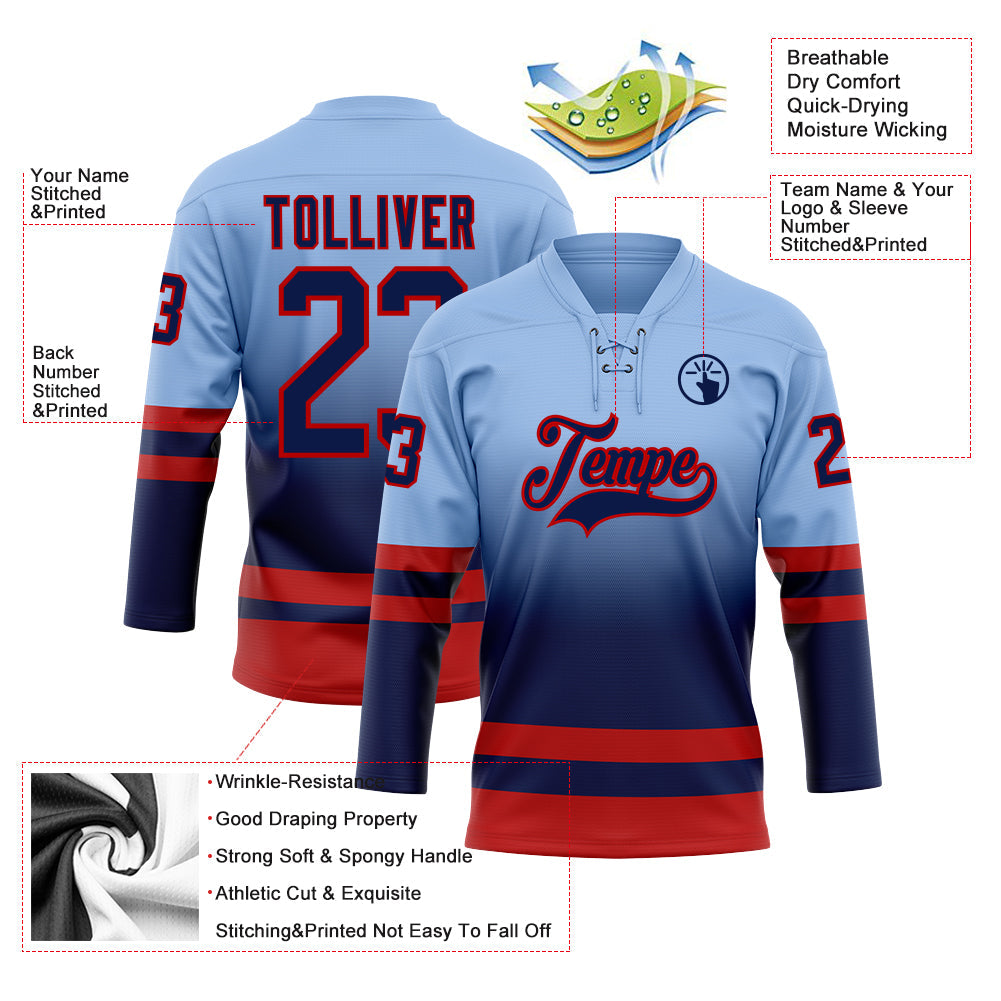 Custom Light Blue Navy-Red Fade Fashion Hockey Lace Neck Jersey view 5