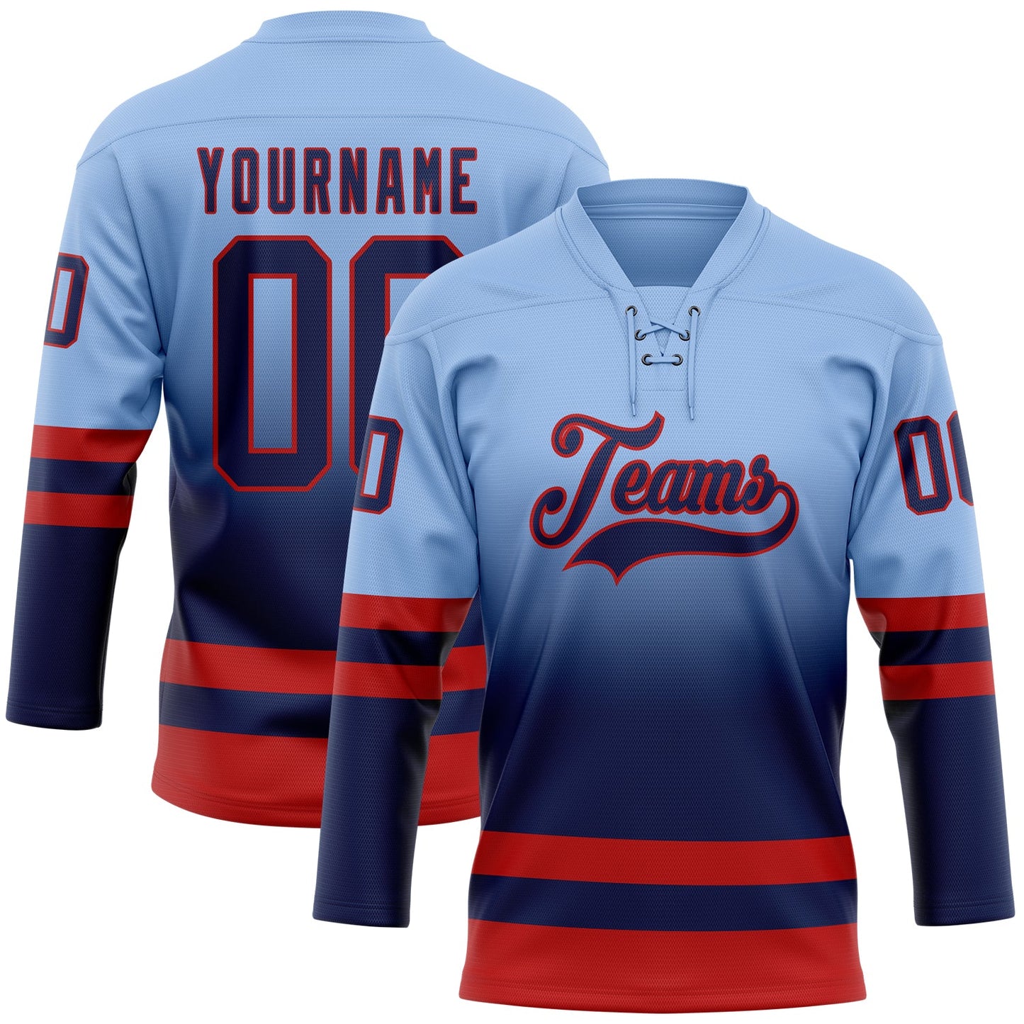 Custom Light Blue Navy-Red Fade Fashion Hockey Lace Neck Jersey - Main View