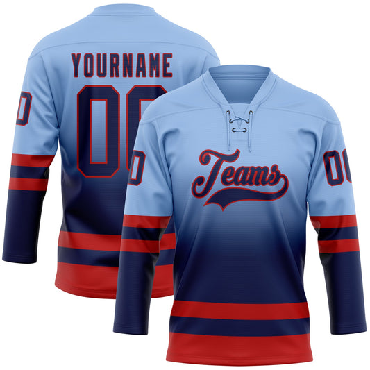 Custom Light Blue Navy-Red Fade Fashion Hockey Lace Neck Jersey - Main View