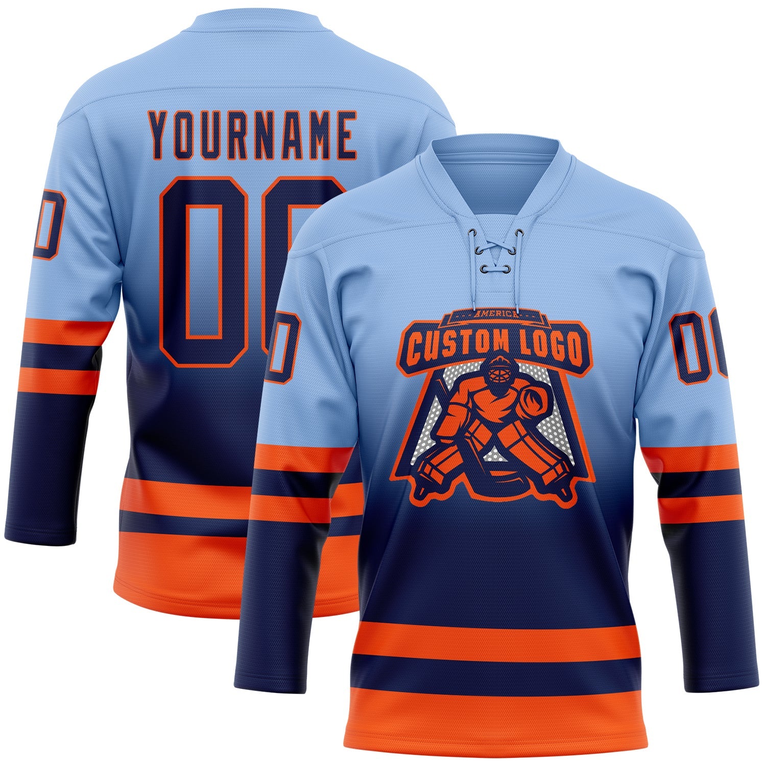 Custom Light Blue Navy-Orange Fade Fashion Hockey Lace Neck Jersey view 2
