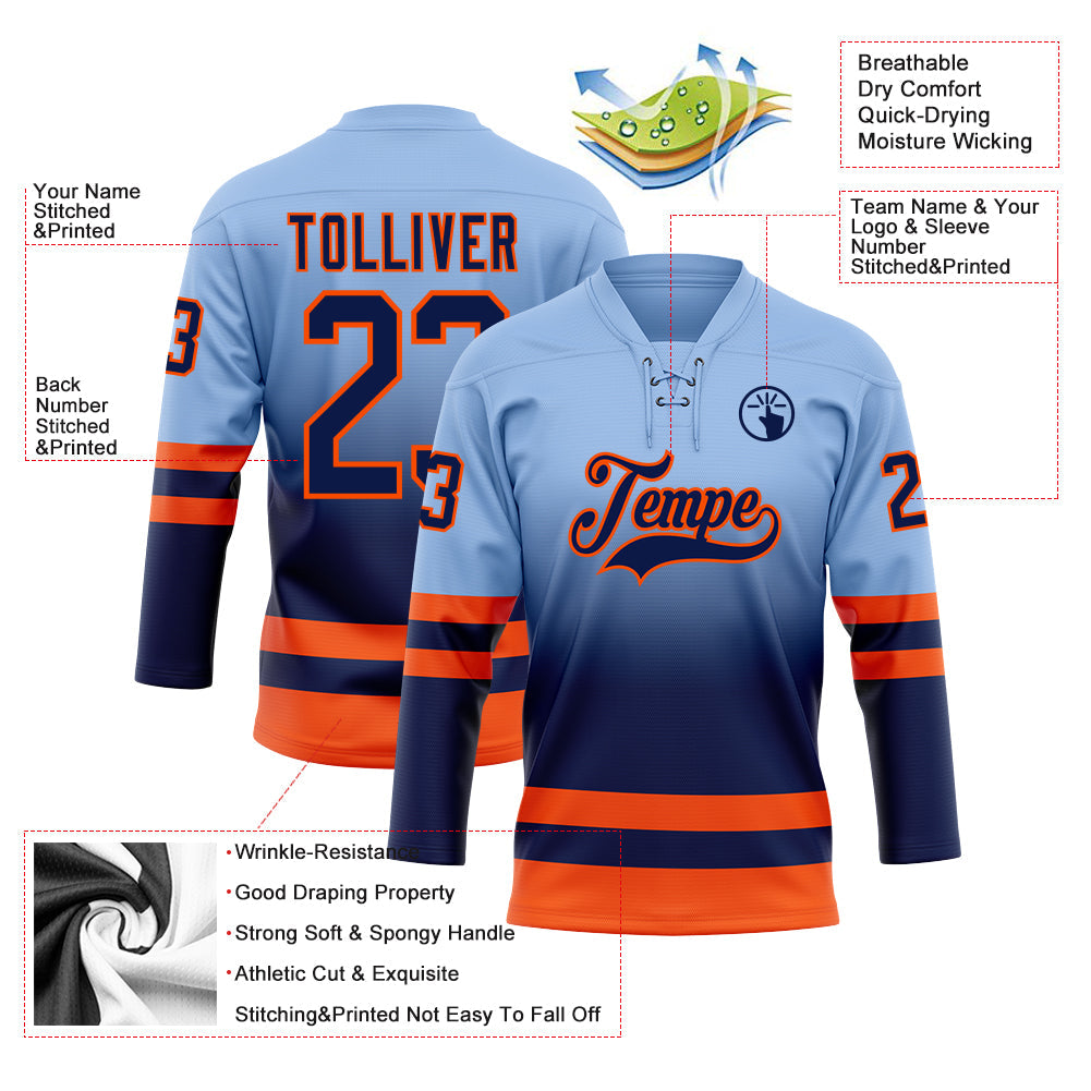Custom Light Blue Navy-Orange Fade Fashion Hockey Lace Neck Jersey view 5