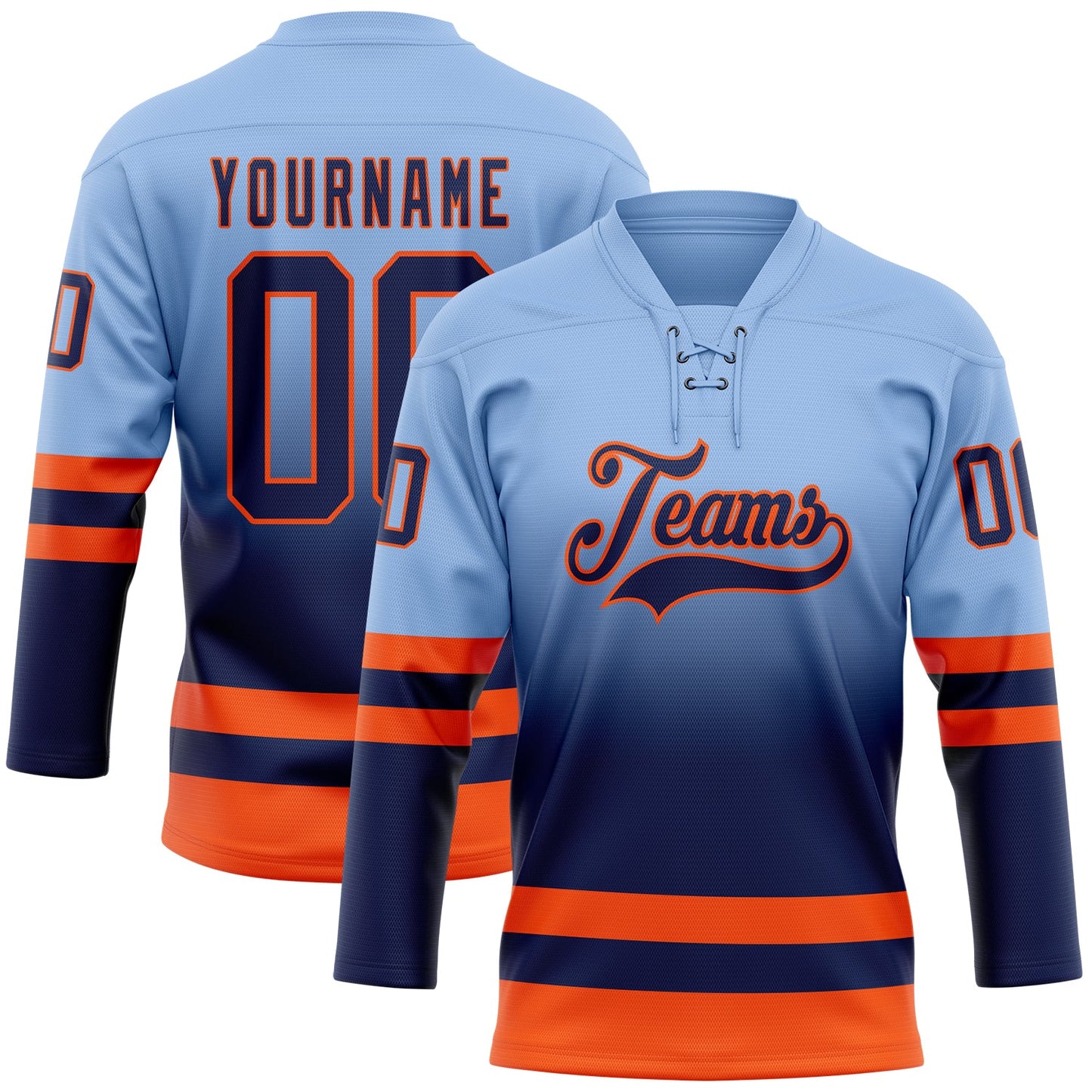 Custom Light Blue Navy-Orange Fade Fashion Hockey Lace Neck Jersey - Main View