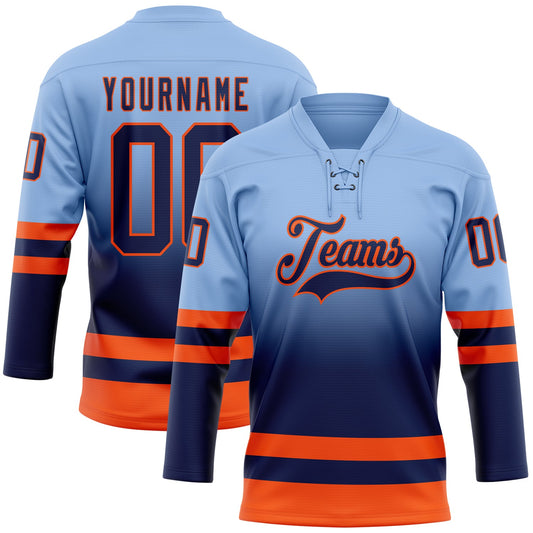Custom Light Blue Navy-Orange Fade Fashion Hockey Lace Neck Jersey - Main View