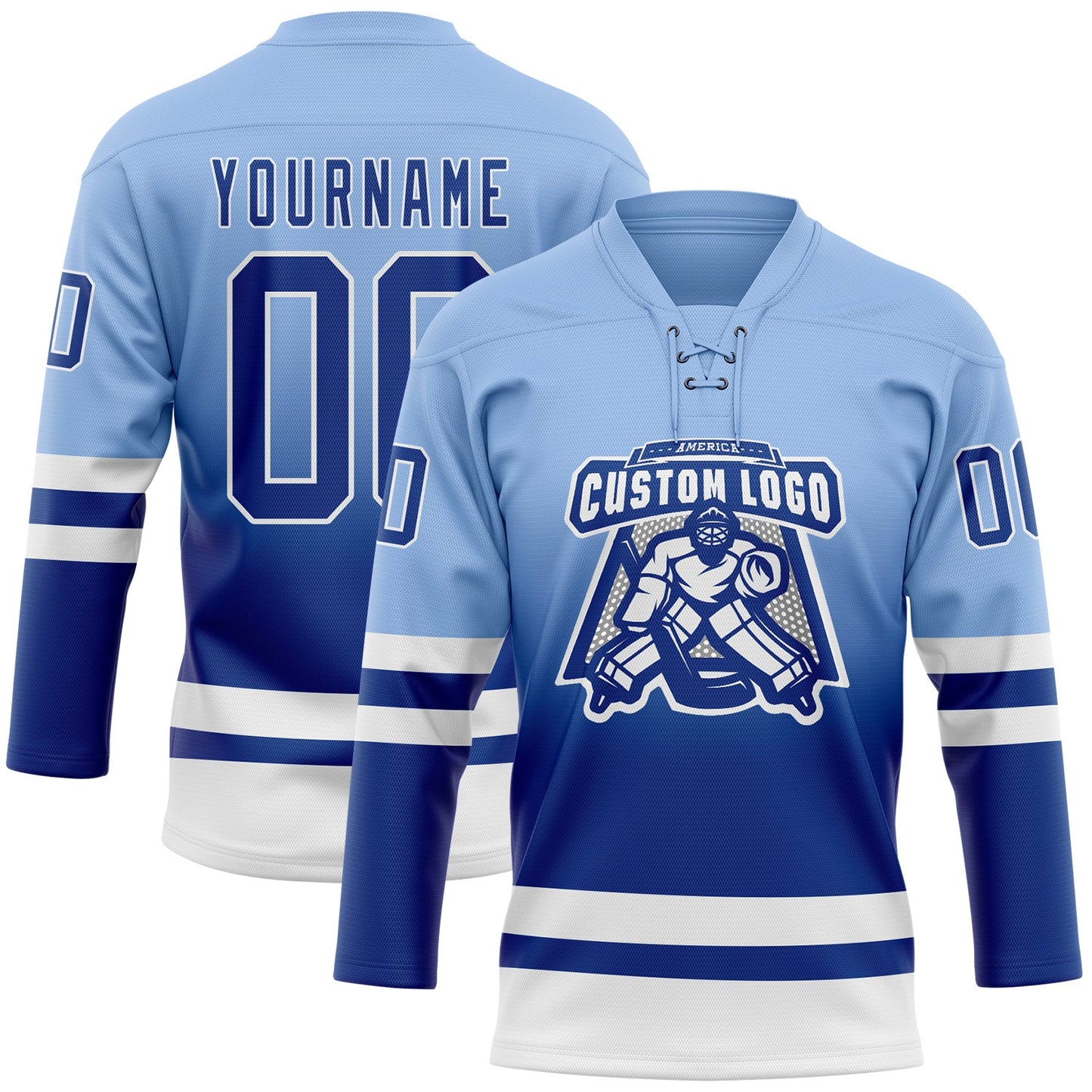 Custom Light Blue Royal-White Fade Fashion Hockey Lace Neck Jersey view 2