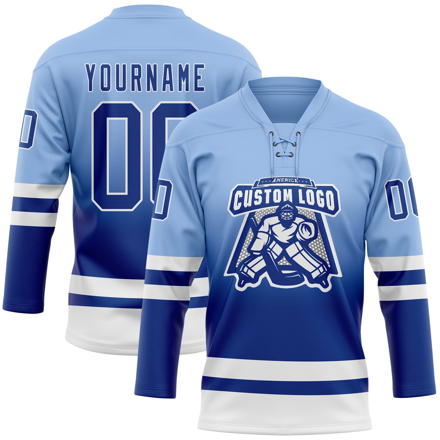 Custom Light Blue Royal-White Fade Fashion Hockey Lace Neck Jersey view 2