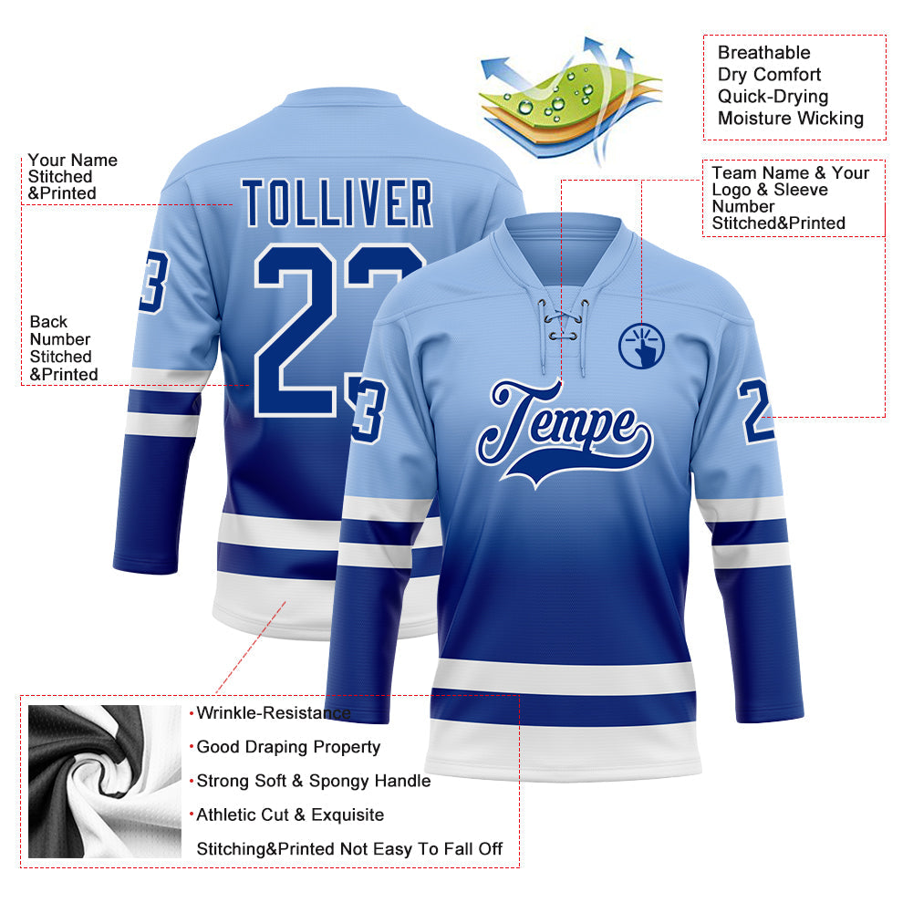 Custom Light Blue Royal-White Fade Fashion Hockey Lace Neck Jersey view 5