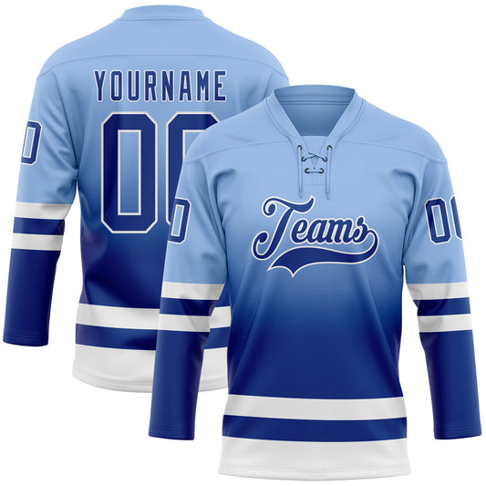 Custom Light Blue Royal-White Fade Fashion Hockey Lace Neck Jersey - Main View