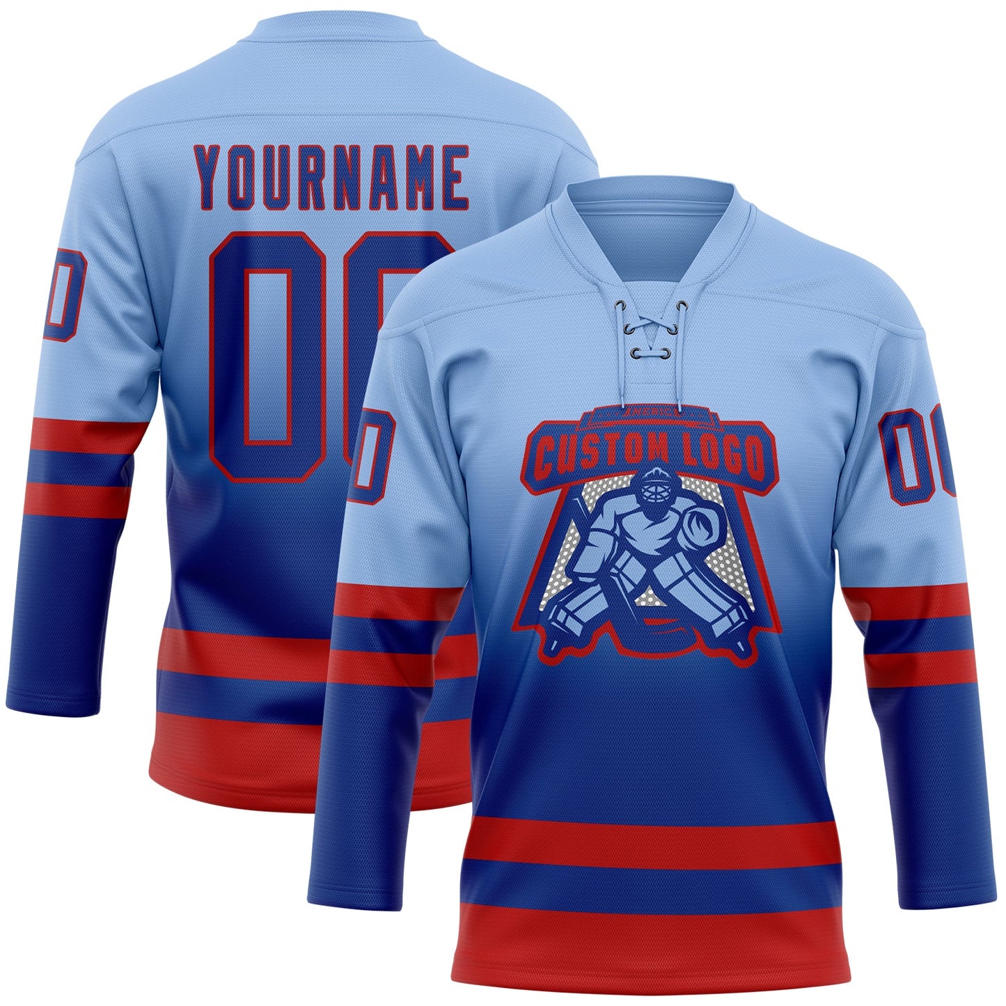 Custom Light Blue Royal-Red Fade Fashion Hockey Lace Neck Jersey view 2
